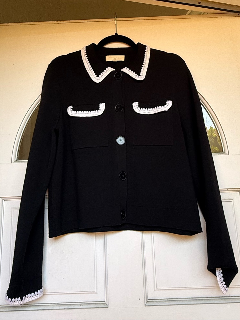 Sezane Black Cardigan with White Trim